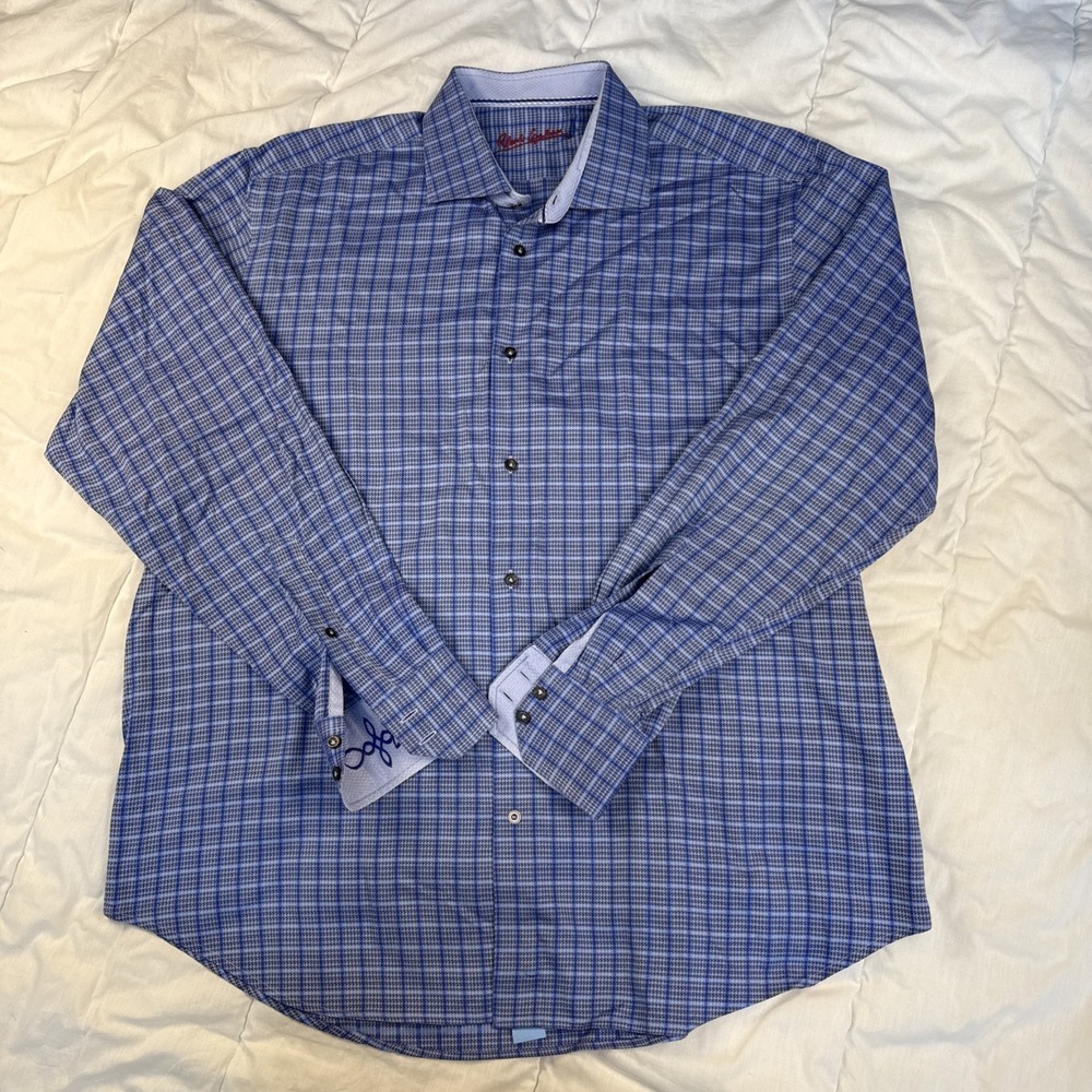 Robert Graham Men's Shirt XL 17 1/2 Blue Embroidered Flip Cuff Long Sleeve